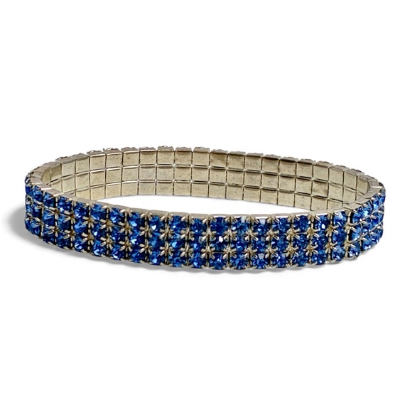 Jewelry - Blue Rhinestone Bracelet Three Row Expansion Band 7 Inch Stretchy